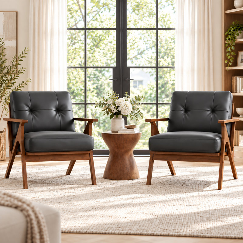 Fauteuil d'appoint rétro moderne du milieu du siècle, structure en bois massif de 71 cm de large, recouvert de tissu.