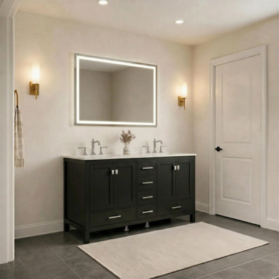 Meuble-lavabo double 60 po avec comptoir en céramique blanc brillant, 6 tiroirs, 4 tiroirs, gris pavé, moderne, résidentiel, luxe abordable, hôtels, centres commerciaux
