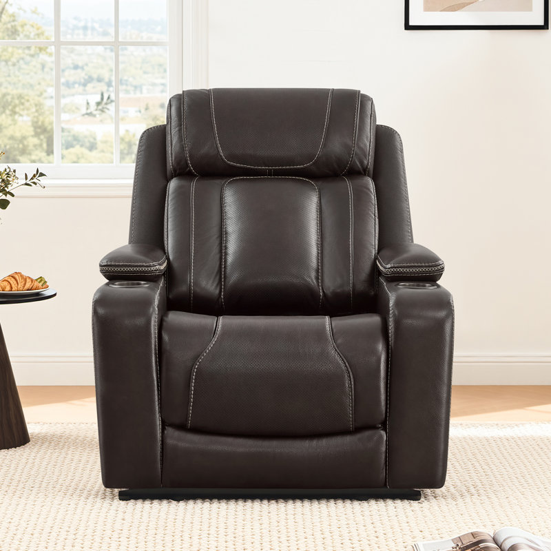 Genuine Leather Triple Motor Power Recliner with Power Headrest and power lumbar, Dark Brown Top Grain Leather