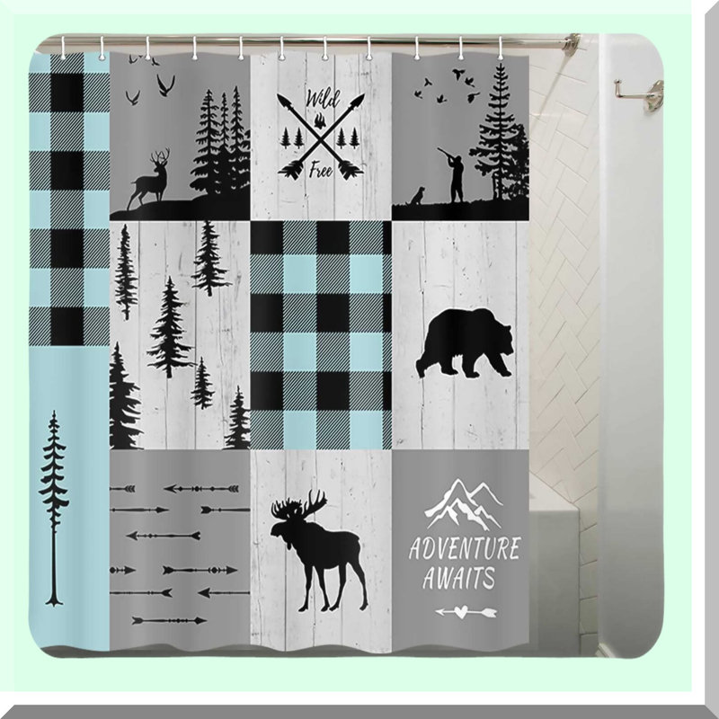 Wildlife Haven Shower Curtain - Rustic Cabin Lodge Decor with Bear, Moose, Deer & Trees - Machine Washable Polyester 