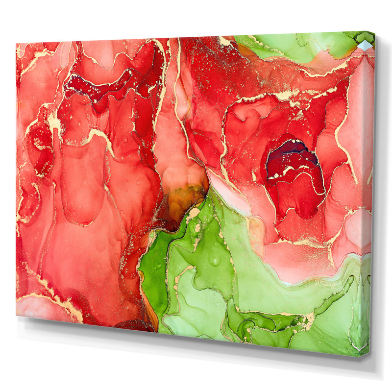 «Red and Green Luxury Abstract Fluid», peinture sur toile, Toile tendue, H 34 po x l 44 po x P 1,5 po