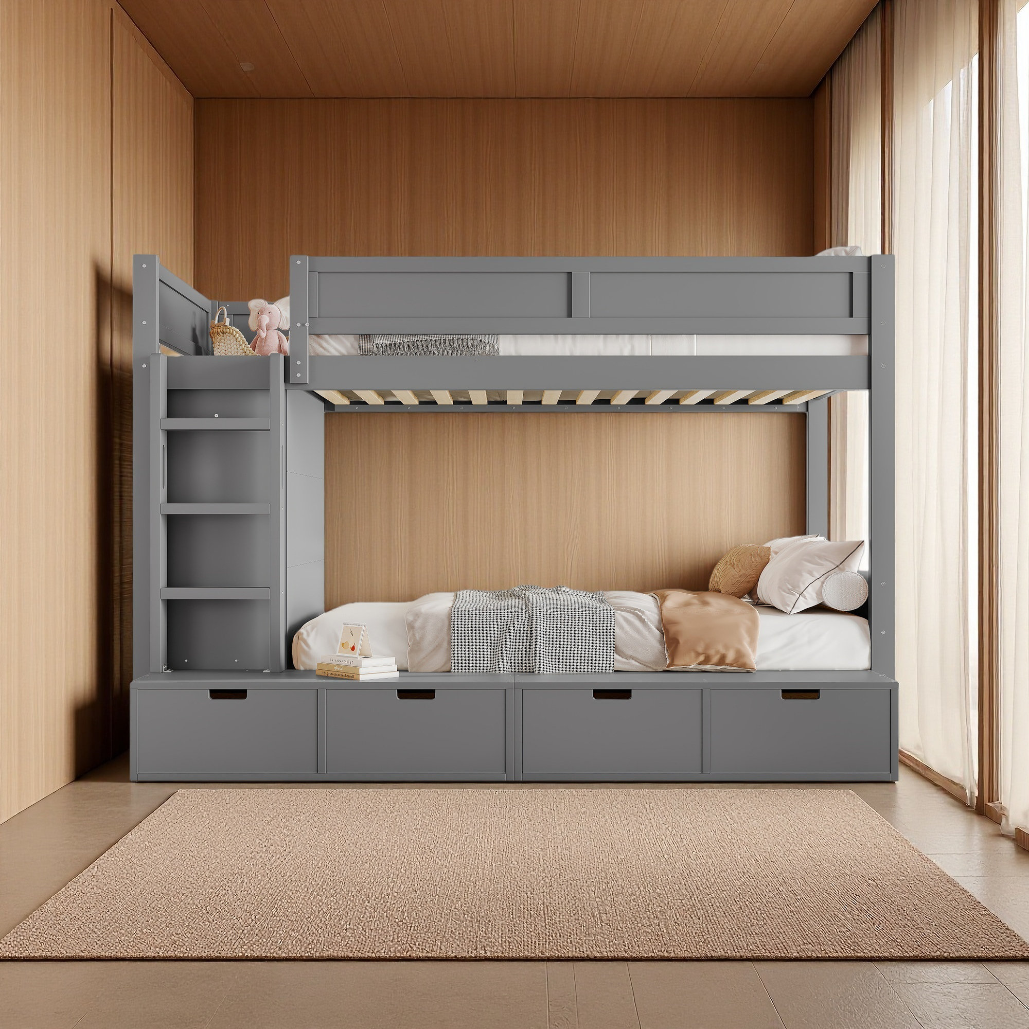 Harriet Bee Twin Over Twin Bunk Bed With 4 Storage Drawers, Solid Wood ...