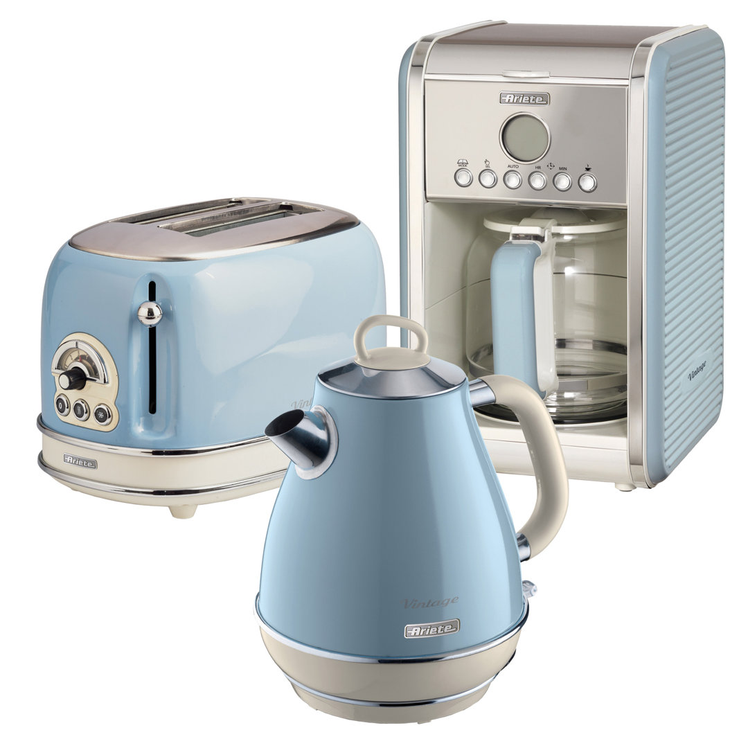 Ariete Vintage 1.7L Stainless Steel Jug Kettle with 2 Slice Toaster and 12 Cup Coffee Machine Set
