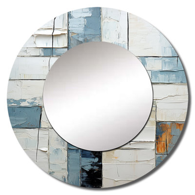 Cubism Blue And White Fight I - Abstract Shapes Decorative Wall Mirror, Modern Large Round Mirror, Printed Metal Art
