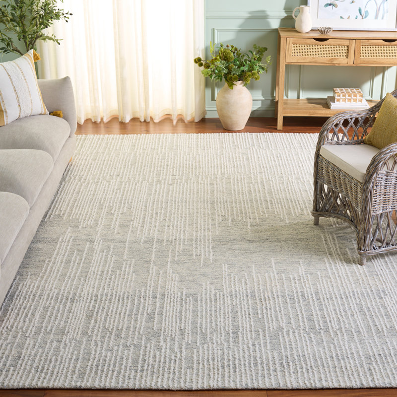 Tapis abstrait en laine / coton touffeté à la main Valeshia gris / gris clair / ivoire, Rectangle 8 pi x 10 pi