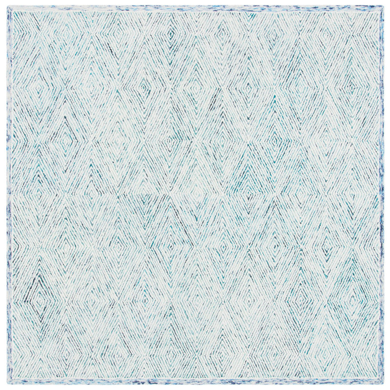 Tapis géométrique bleu / ivoire en laine touffetée à la main de la personne, Carré 7 pi