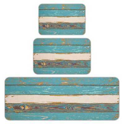 Vintage Blue Wood 3 Pieces Kitchen Mats, Laundry & Bathroom Home Decor