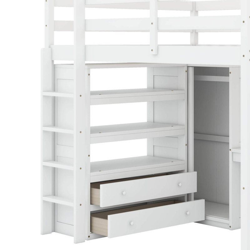 Lit mezzanine double avec bureau, garde-robe, tablettes et tiroirs, Blanc