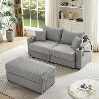 Canapé modulaire de style moderne avec causeuse de 72,8 po avec espace de rangement, un repose-pieds mobile, deux ports USB, deux porte-gobelets, un porte-téléphone pour le salon