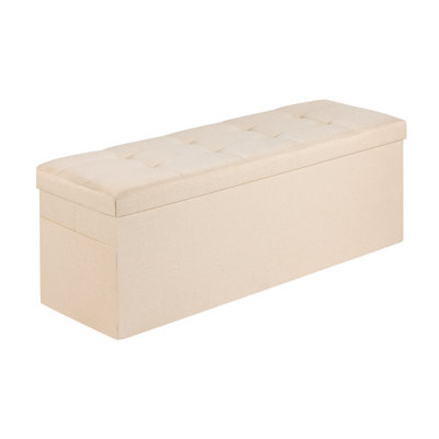 Banc coffre de rangement pliable, coffre de rangement rembourré pliable supportant jusqu'à 300 kg, banc de bout de lit avec poches latérales, pouf de lit en lin avec grand espace de rangement pour salon, chambre, entrée, beige