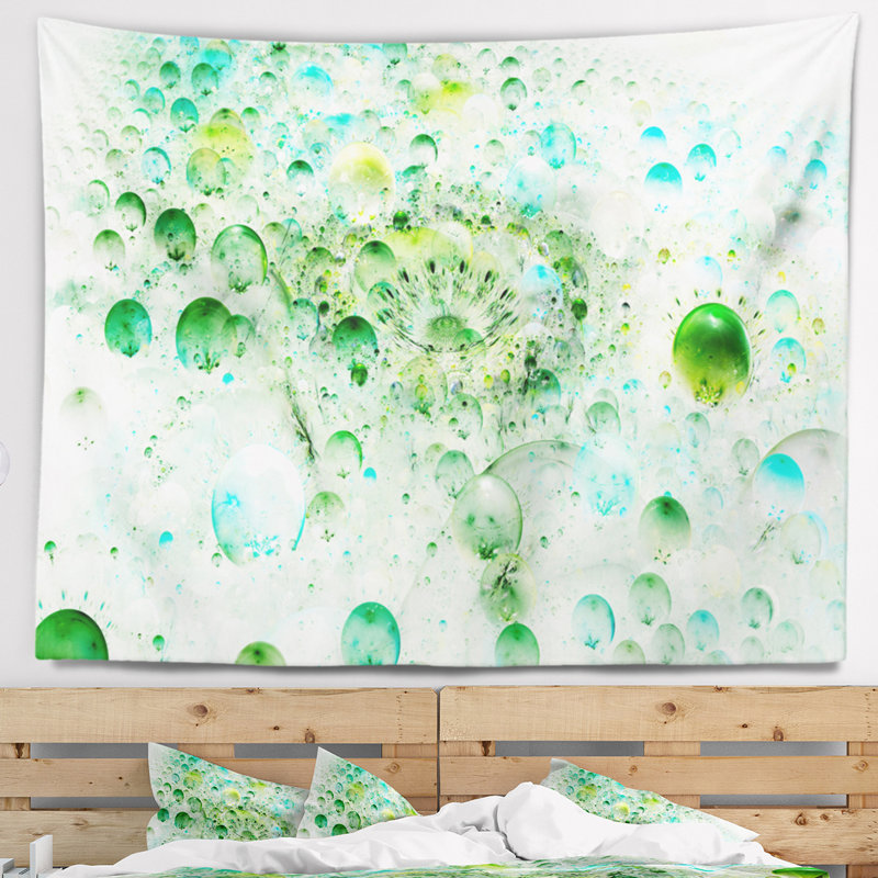 Tapisserie abstrait vert, molécules de couleur fractales, H 50 po x l 60 po