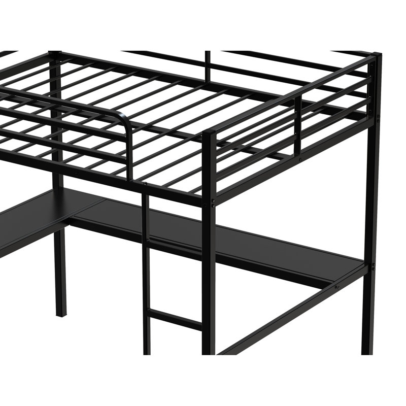 Lit mezzanine double avec bureau et tablettes ouvertes, structure en métal robuste, barrières de sécurité en hauteur pour les adolescents en forme de L