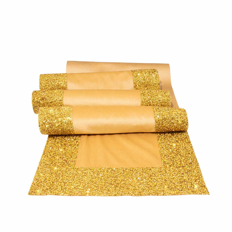 Gold Polyester Velvet Table Runner with Rhinestone Border
