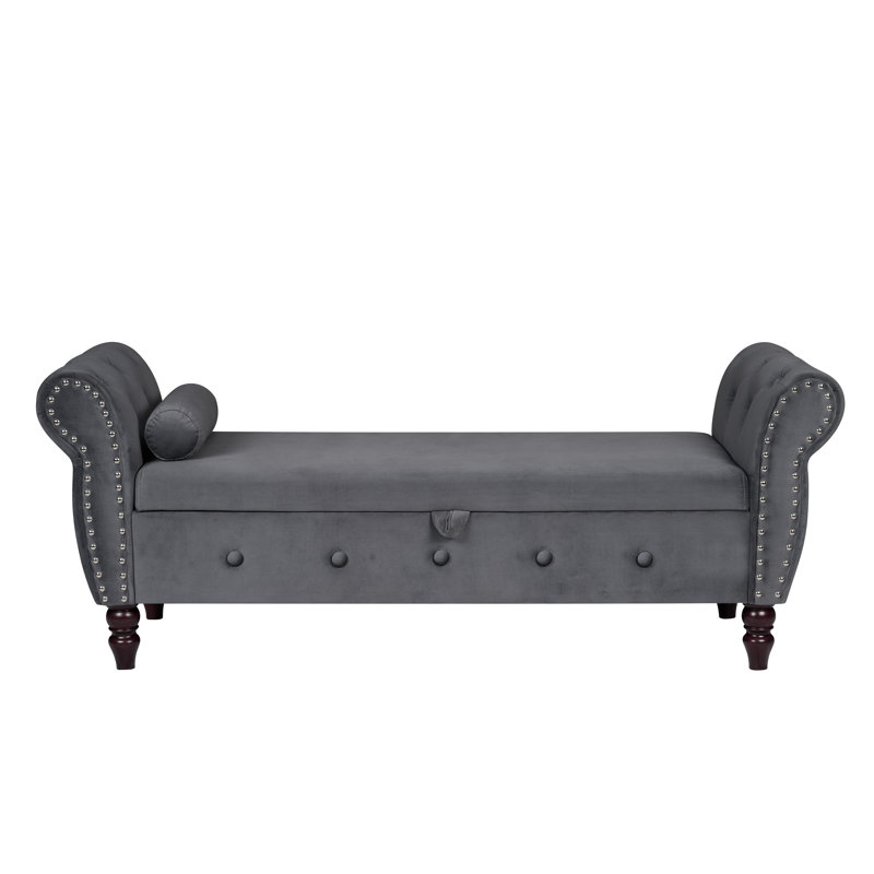 Banc de rangement de 48,3 po, repose-pieds moderne en velours avec accoudoirs, adapté au salon, à la chambre à coucher, gris
