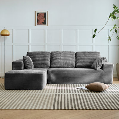 Compression-Boneless 96" L-Shaped Cloud Sectional Sofa with Oversized Chaise, Modular 3-Seater Corduroy Couch for Living Room & Bedroom, Deep Seat No Assembly Required （Black.Left t Hand Facing)