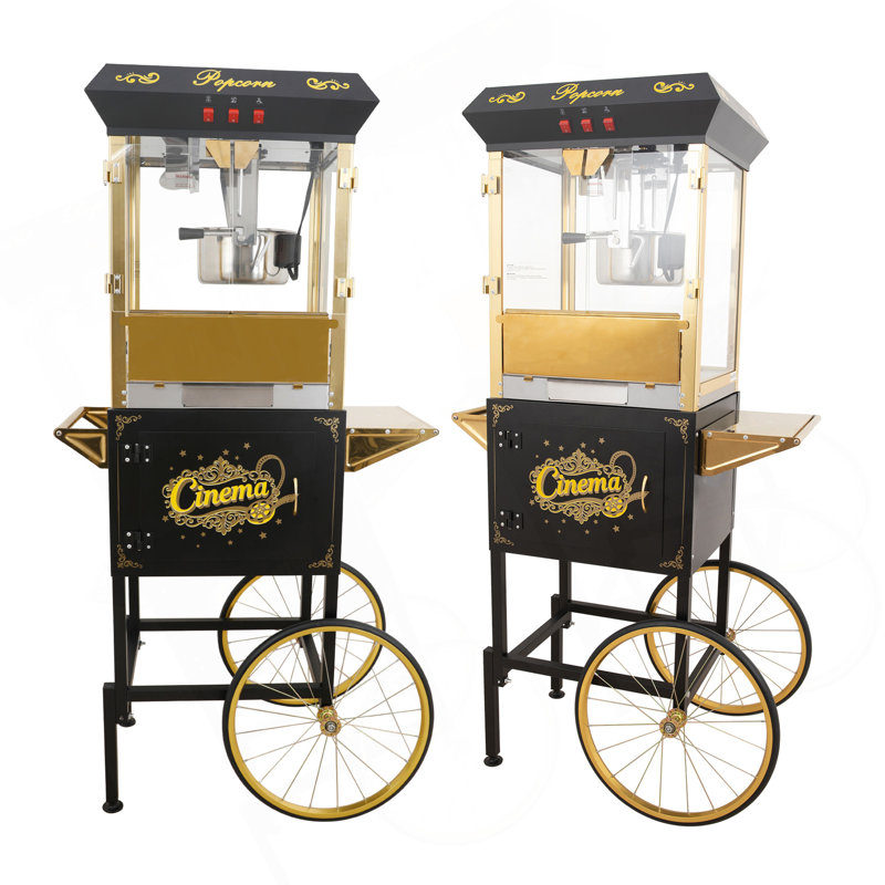 Machine à maïs soufflé commercial 16 oz avec chariot et bouilloire 16 oz, machine à maïs soufflé cinéma, machine à maïs soufflé doré noir avec contrôle à 3 interrupteurs et portes en verre trempé à cadre en acier