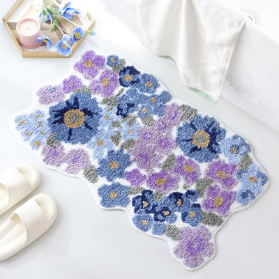  Wildflower Floral Bathroom Rug - Cute Tufted Non Slip Soft Flower Shaped Bath Mat, Washable Farmhouse & Cottagecore Bathroom Decor - Aesthetic Purple Rug For Vanity, Tub, Entryway(32''x20'')