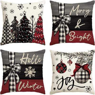 Merry Christmas Joy, arbres de Noël, housses de coussins décoratifs rouges, 18 x 18 pouces, housse de coussin pour les fêtes d'hiver, ensemble de 4 canapés