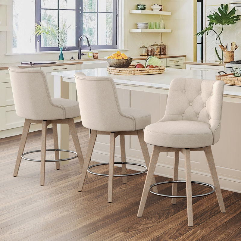 Tabouret de comptoir pivotant rembourré Arleine, 100 % lin beige, 3