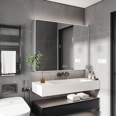 Miroir en aluminium pour armoire à pharmacie 35 po x 28 po, désembuage et à DEL, salle de bain avec support à cosmétiques et porte-séchoir à cheveux, armoire à miroir grise, abat-jour de rangement