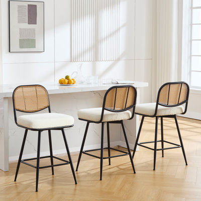 Upholstered Swivel Counter Stool With Rattan Backrest
