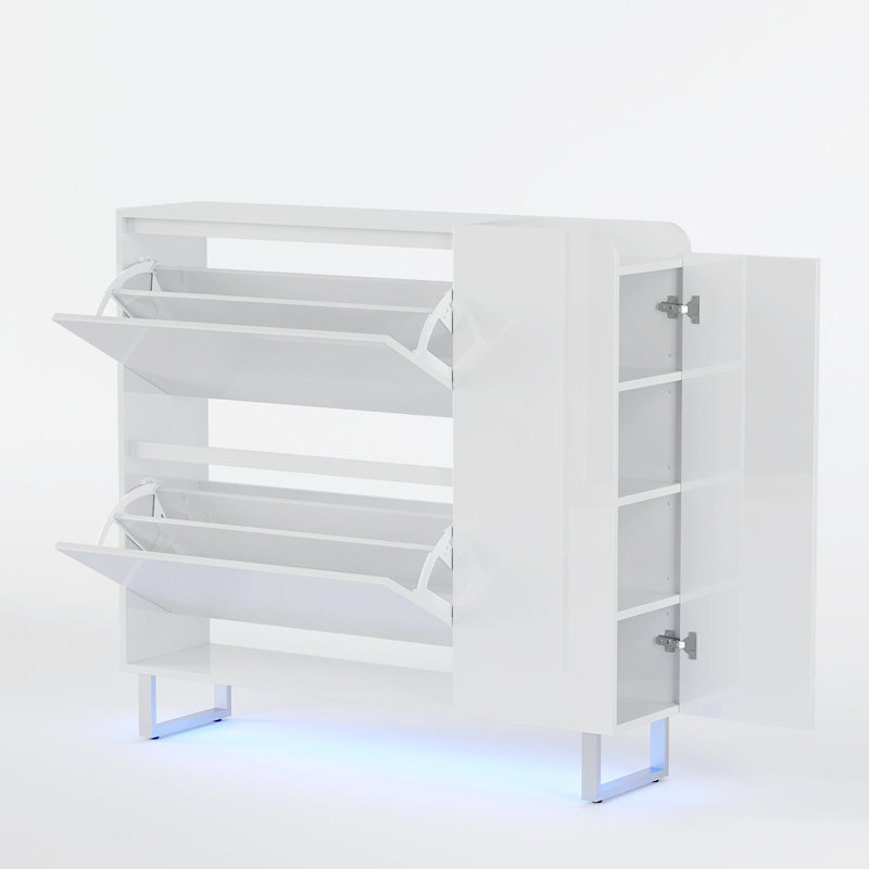 41.9" W High Gloss PET 2 Flip Door 1 Cabinet Shoe Storage With Bottom LED Light, White