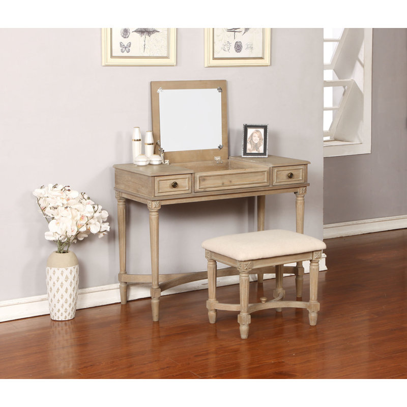 June Natural Two Drawer Flip Top Vanity Set with Stool