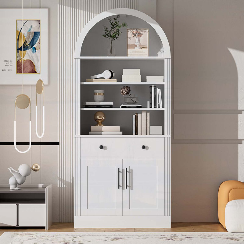 Bibliothèque cintrée avec armoire de rangement, bibliothèque d'exposition haute avec étagères réglables et portes de tiroirs, autoportante pour salon, bureau et salle de bain