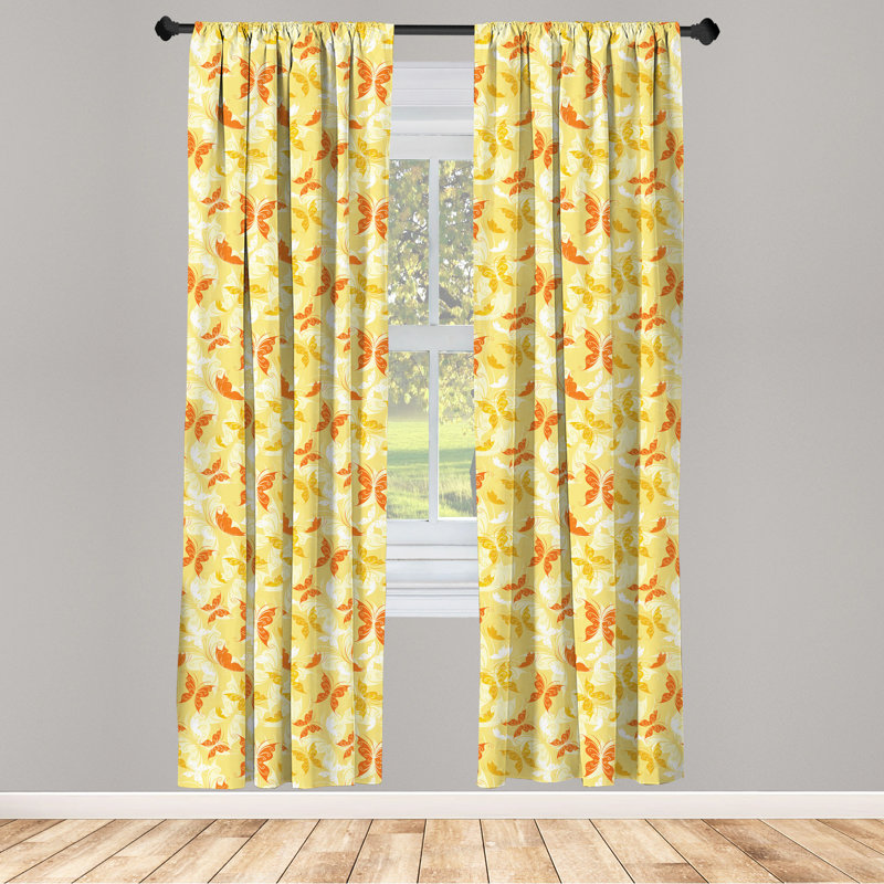 Yellow and White Butterfly Pattern with Swirls Romantic Animals of Spring, Lightweight Window Treatment Living Room Bedroom Decor Earth Semi-Sheer Rod Pocket Curtain Panels