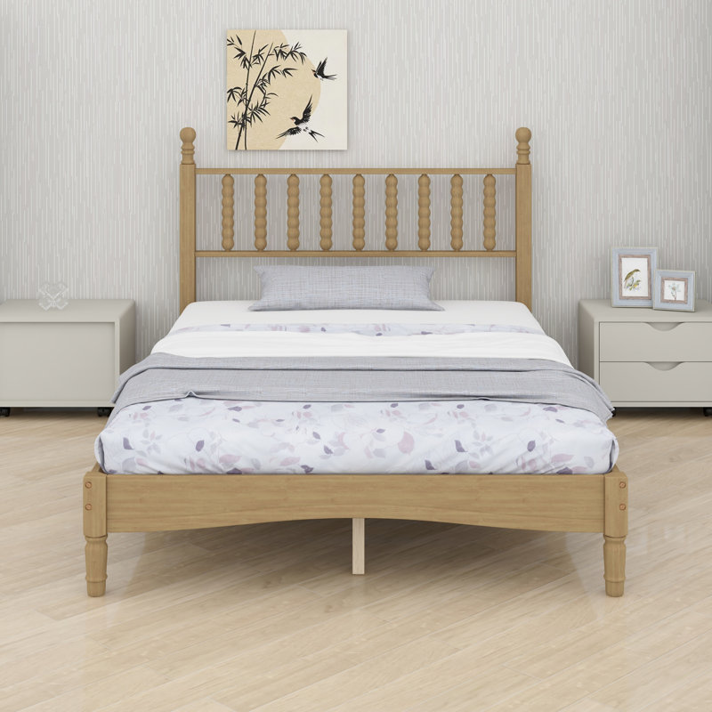 Lit plateforme rétro en bois avec tête de lit en forme de gourde, Naturel, Full / Double