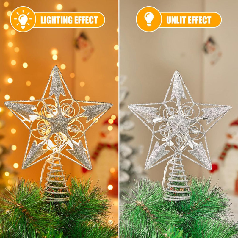 Décoration pour sommet de sapin étoile de Noël, décoration pour sommet d'arbre de Noël 3D, guirlande en métal scintillante de 8 po avec 10 lumières intégrées pour les décorations de sapin de Noël