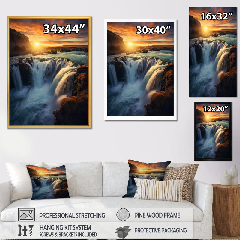 «Summery Sunset Over Majestic Waterfalls I», reproduction d'art sur toile, H 20 po x l 12 po x P 1 po, Toile tendue