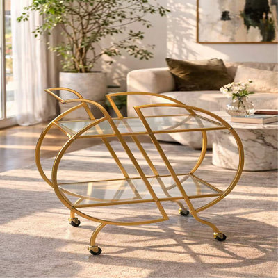 Bar Carts for The Home Bar Serving Cart, Rolling Bar Cart Gold with Lockable Caster Wheels, Glass Bar Carts with 2 Mirrored Shelves, Storage Round Win