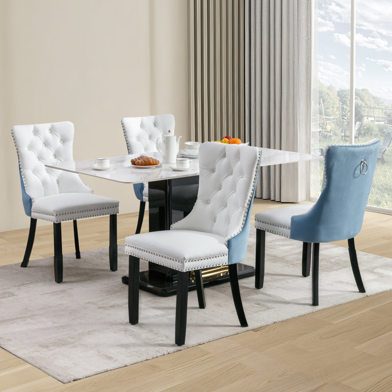 Kingson Modern Glam Tufted Two-Tone Dining Chair with Nailhead Trim & Back Pull Ring, White/Blue, 4