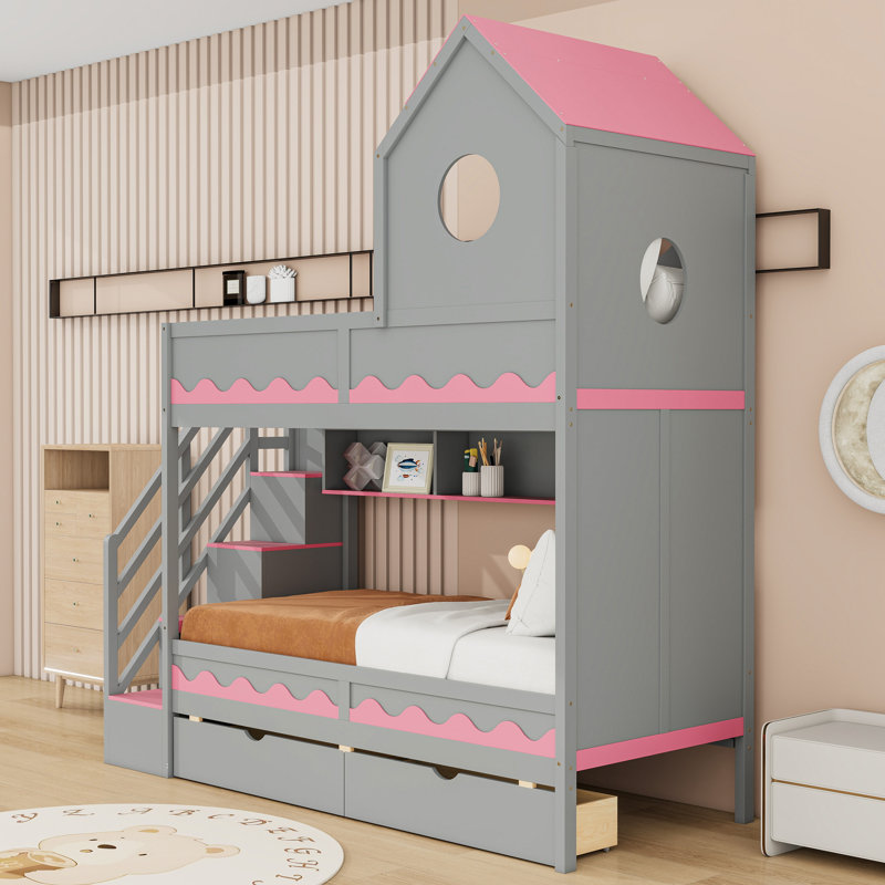 Lit superposé simple au-dessus de simple avec éclairage à DEL personnalisable et tiroirs, Gris