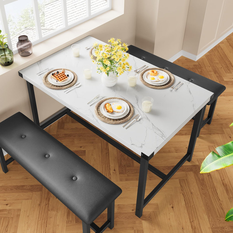 Ensemble de table de salle à manger pour 4 personnes avec 2 bancs rembourrés, Black, 30" H x 45" W x Does Not Apply" D, White