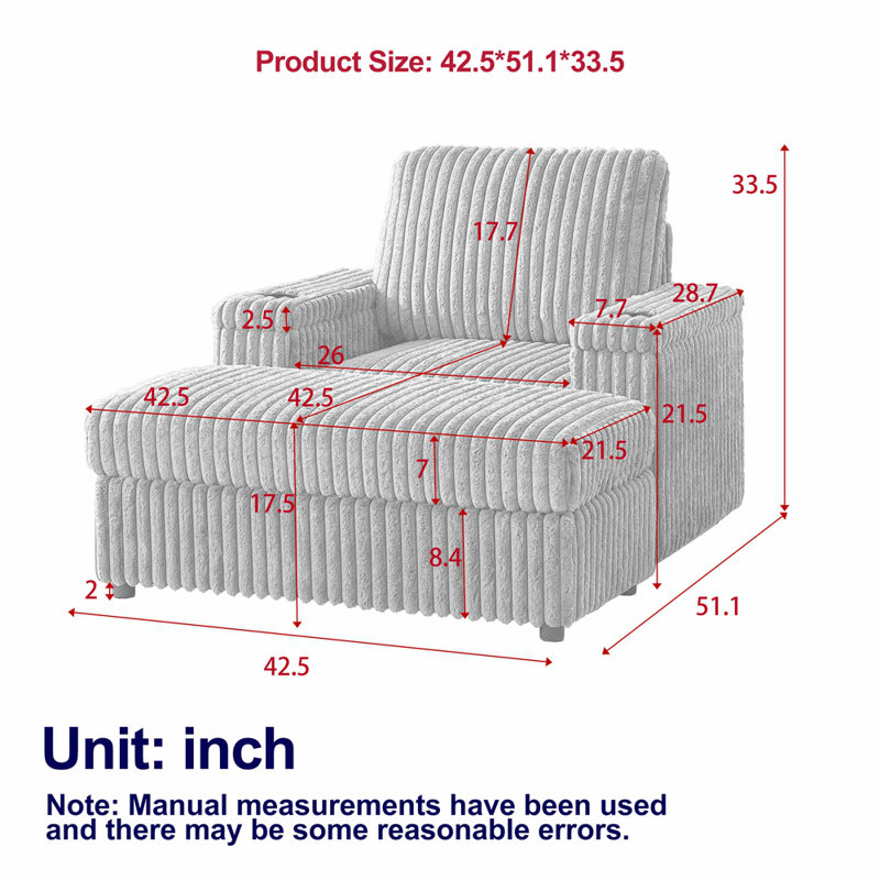Fauteuil inclinable simple en velours côtelé de 42,5 po avec coussin de dossier, porte-gobelet, repose-pieds de rangement, canapé de salon confortable et profond