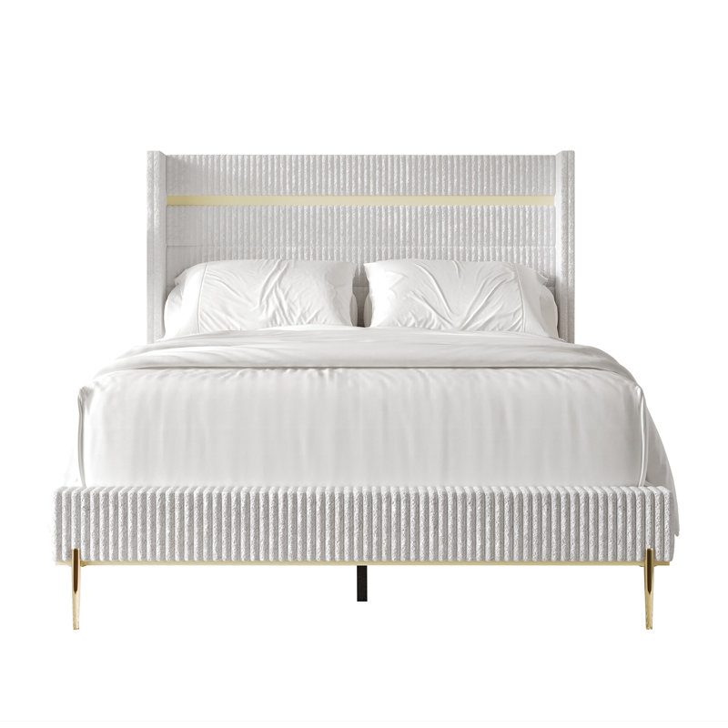 Lit tapissier standard à profil bas Anaika Corduroy, Blanc, Très grand