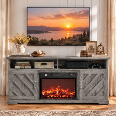 Farmhouse TV Stand for TVs up to 70" with 23" Electric Fireplace, Adjustable Shelves & Cabinet Storage