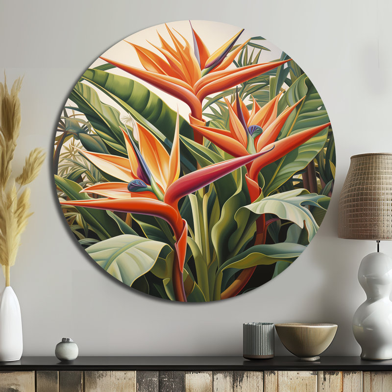 Oiseaux de paradis fleurs tropicales I - Art floral rond en métal, H 29 po x l 29 po