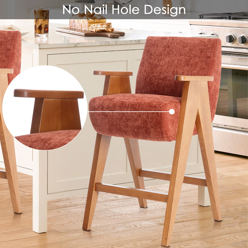 Counter Height Upholstered Bar Stool With Armrests And Solid Wood Legs, Orange