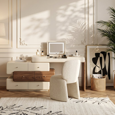 Meuble-lavabo blanc crème 47,2 po avec miroir à DEL, tiroirs en noyer et coiffeuse