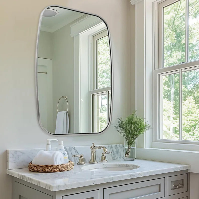 Contemporary Oblong Bathroom Vanity Mirror | Stainless Steel Thick Frame, 36" x 24", Brushed Nickel