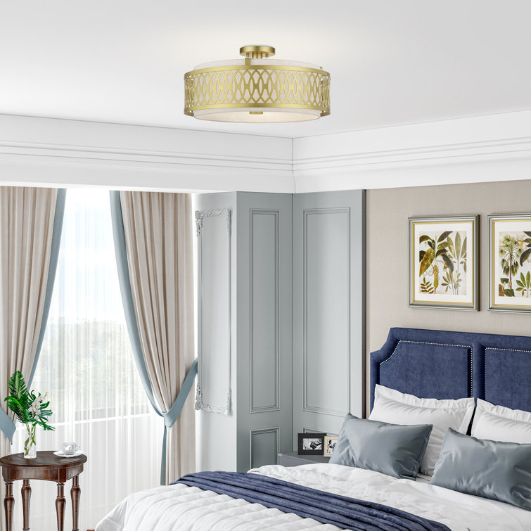 4 Light Soft Gold Extra Large Semi-Flush With Hand Crafted Oatmeal Color Fabric Hardback Shade