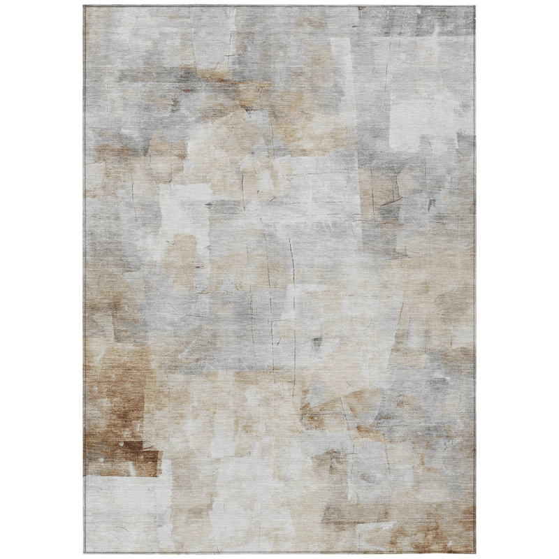 Tapis extérieur lavable abstrait gris et kaki 10 pi x 14 pi beige