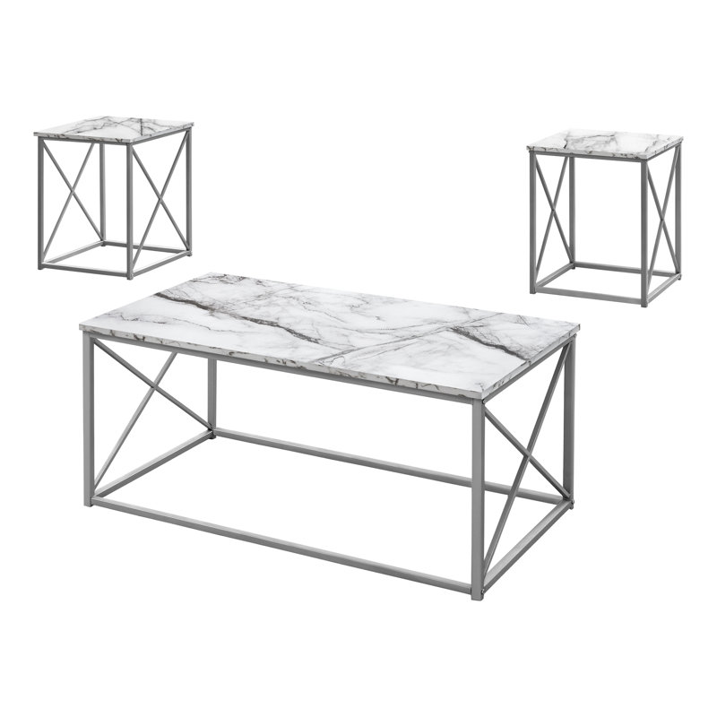 Ensemble de table, ensemble de 3 pièces, café, bout, côté, décor, salon, stratifié aspect marbre blanc, métal gris, contemporain, moderne