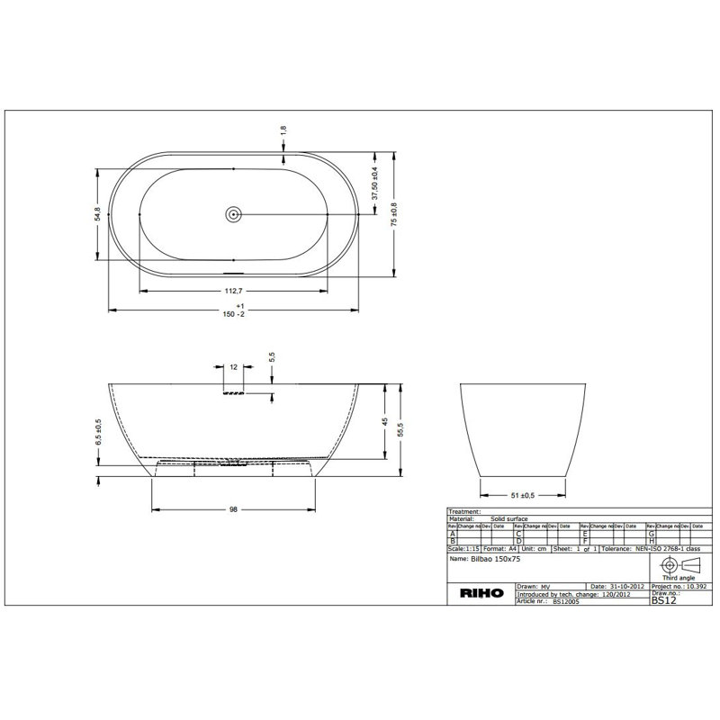 x Soaking Acrylic Bathtub, 63cm H x 155cm L x 80cm D