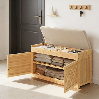 Shoe Storage Bench With Cushioned Seat And Hidden Compartment, Lift-Top Entryway Bench With Double Doors, Bamboo Organizer For Hallway, Living Room, And Bedroom