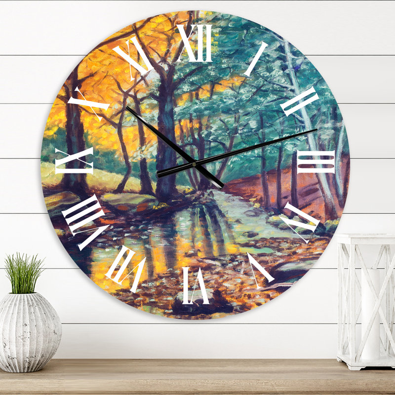 Paysage avec rivière en automne forêt coucher de soleil - horloge murale traditionnelle, Moyen
