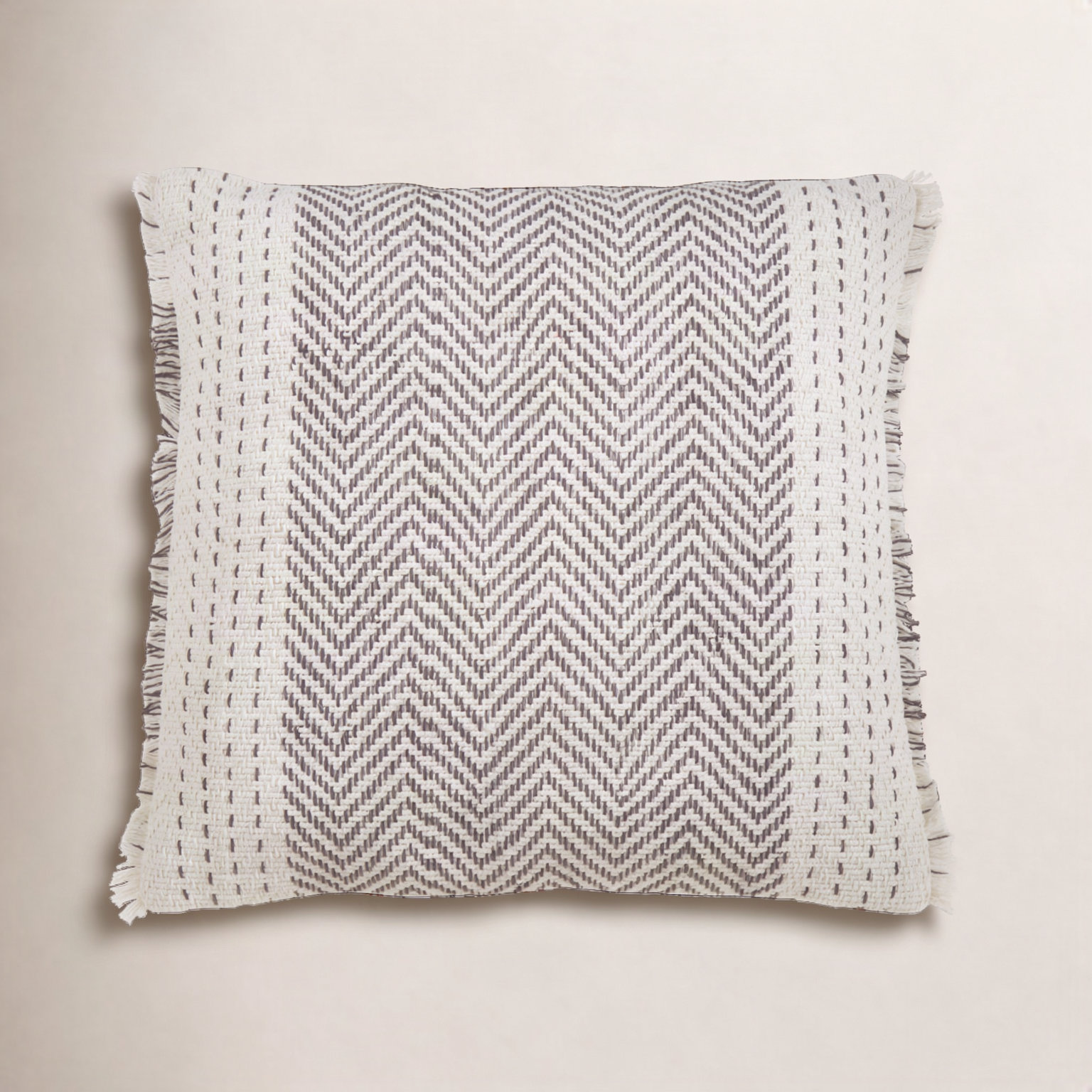 Carey Fringed Cotton Pillow Cover, Gray/Ivory